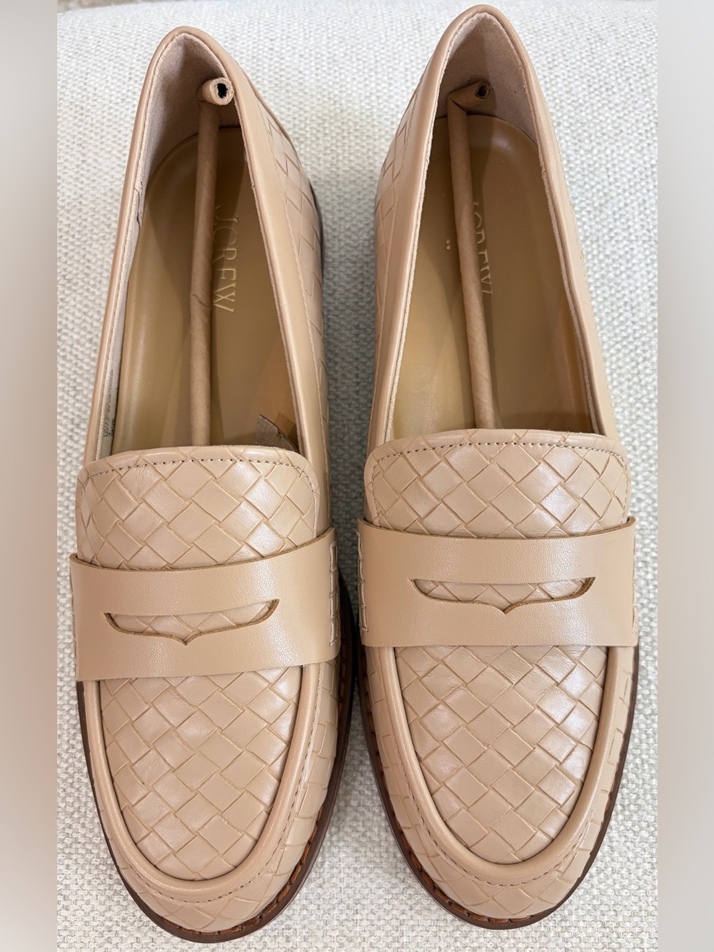 NWT J. Crew SZ 9 Women's Beige Woven Leather Penny Loafers